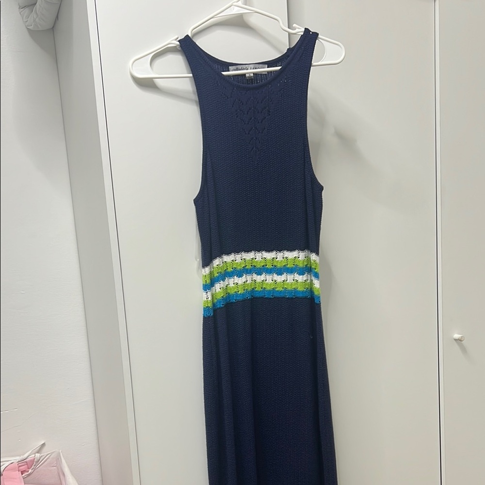 Navy Knit Dress with Striped Detail